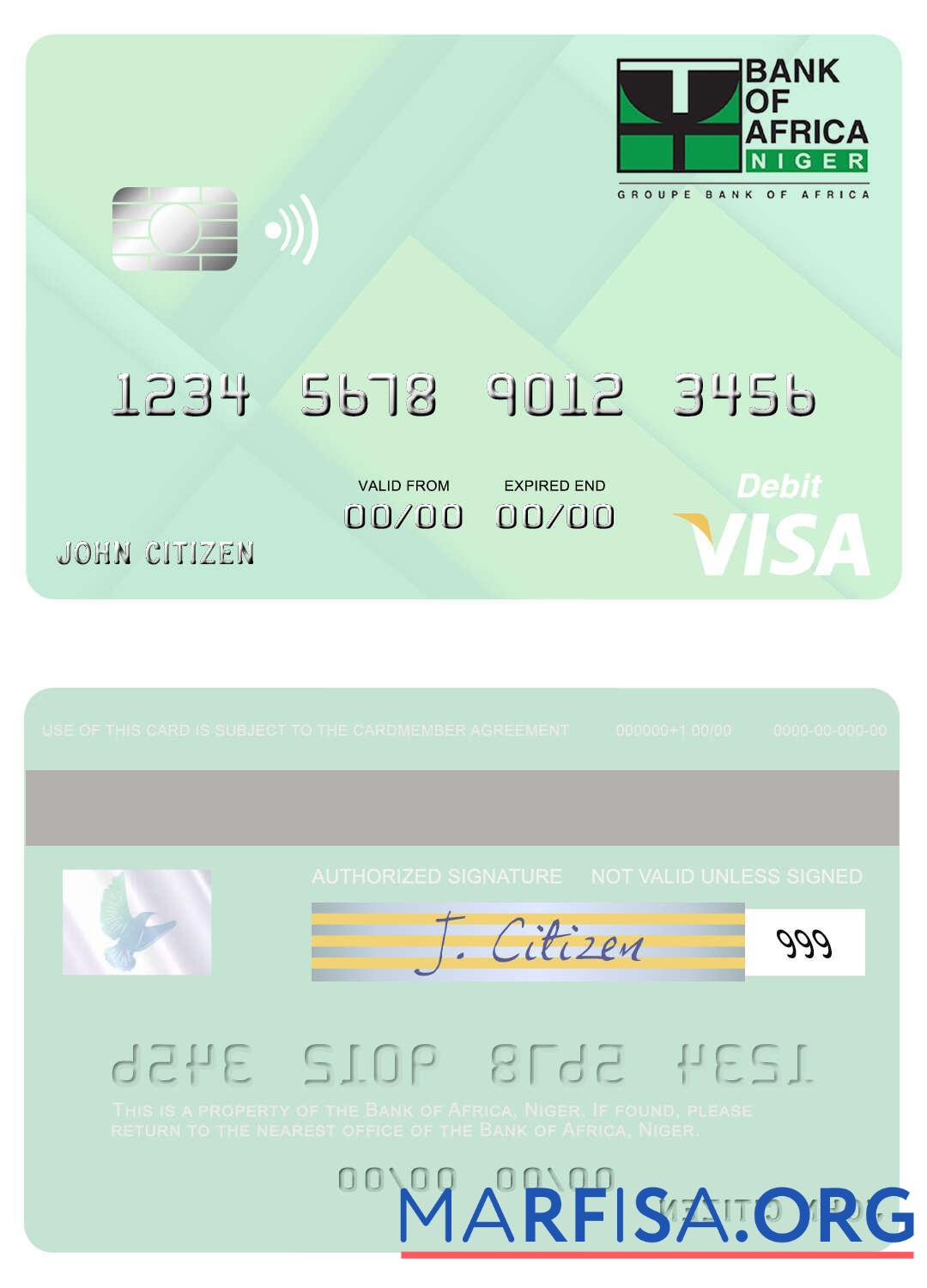 Realistic Niger Bank of Africa visa debit card example
